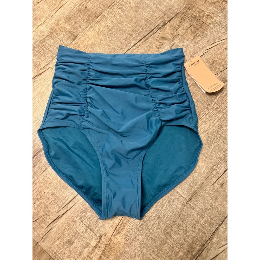 Shapermint Essentials High Waisted Control Bikini Bottom Teal Blue Ruched Medium